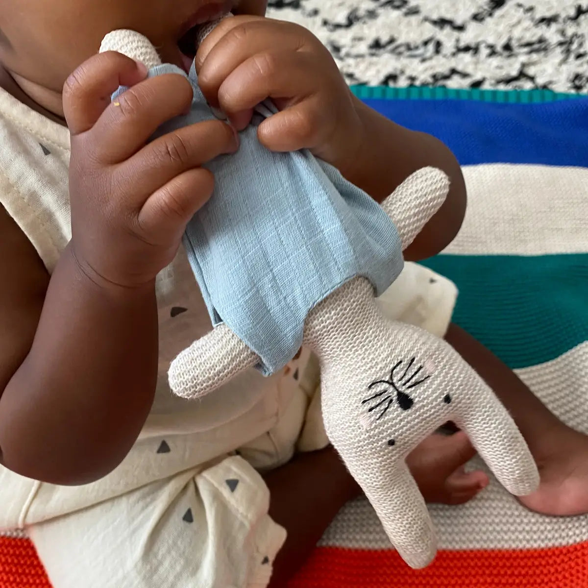 Cotton Knit Child's Rattle Toy: Blue Rabbit