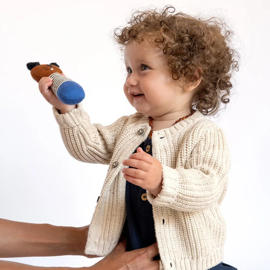Cotton Knit Baby Rattle Toy | Dog Cobalt