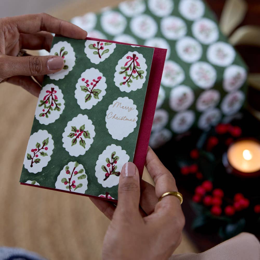 Block Printed Greeting Card - Scallop Tiles Holly Green