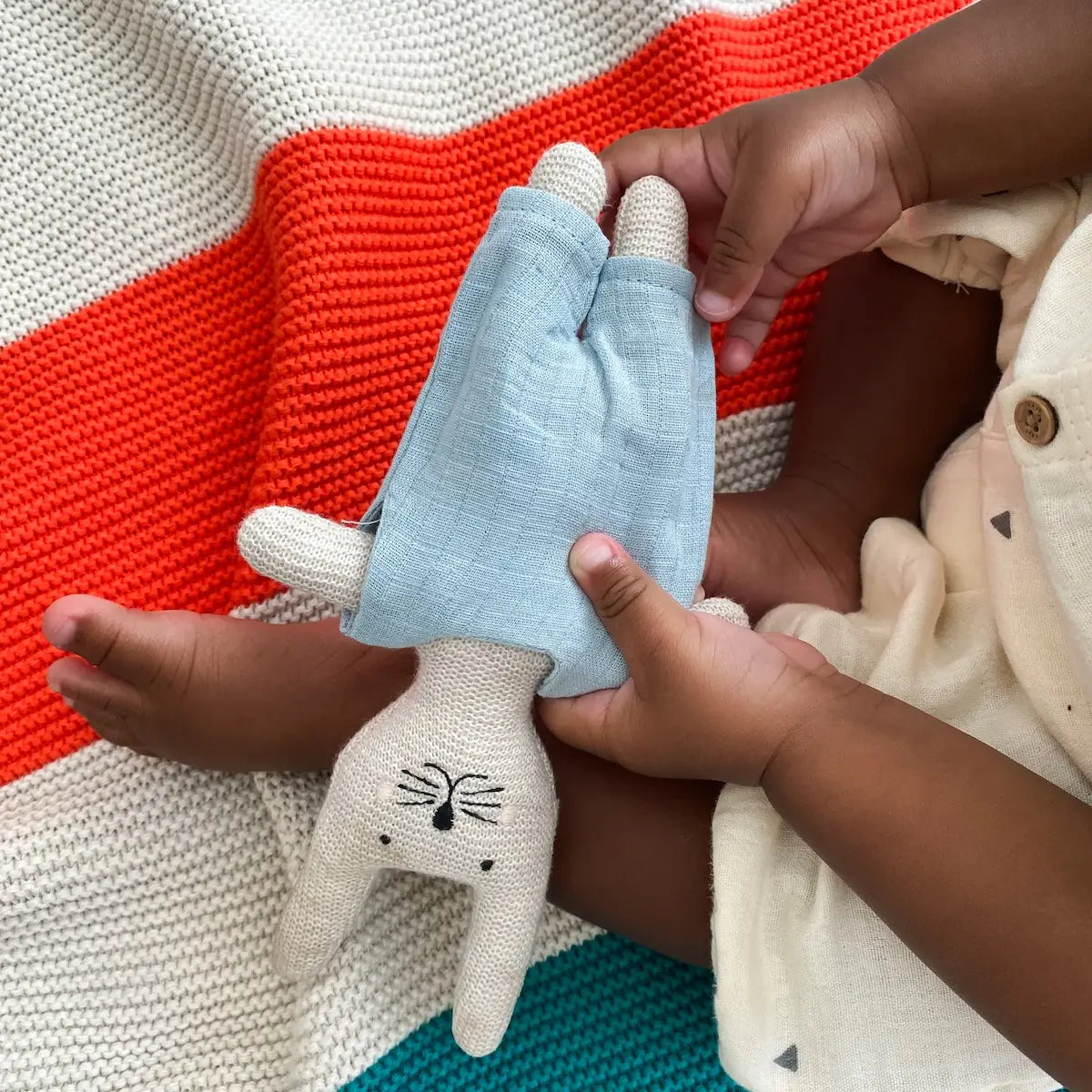 Cotton Knit Child's Rattle Toy: Blue Rabbit