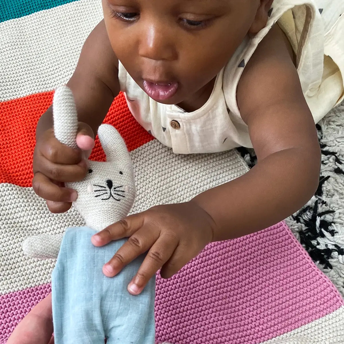 Cotton Knit Child's Rattle Toy: Blue Rabbit