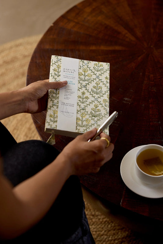 Block Printed Ruled Notebook (A5) - Floral Lattice Buttercream