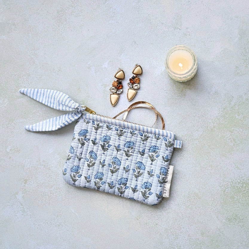 Organic Cotton Zipped Pouch Set 2pk - Floral Blue Stone