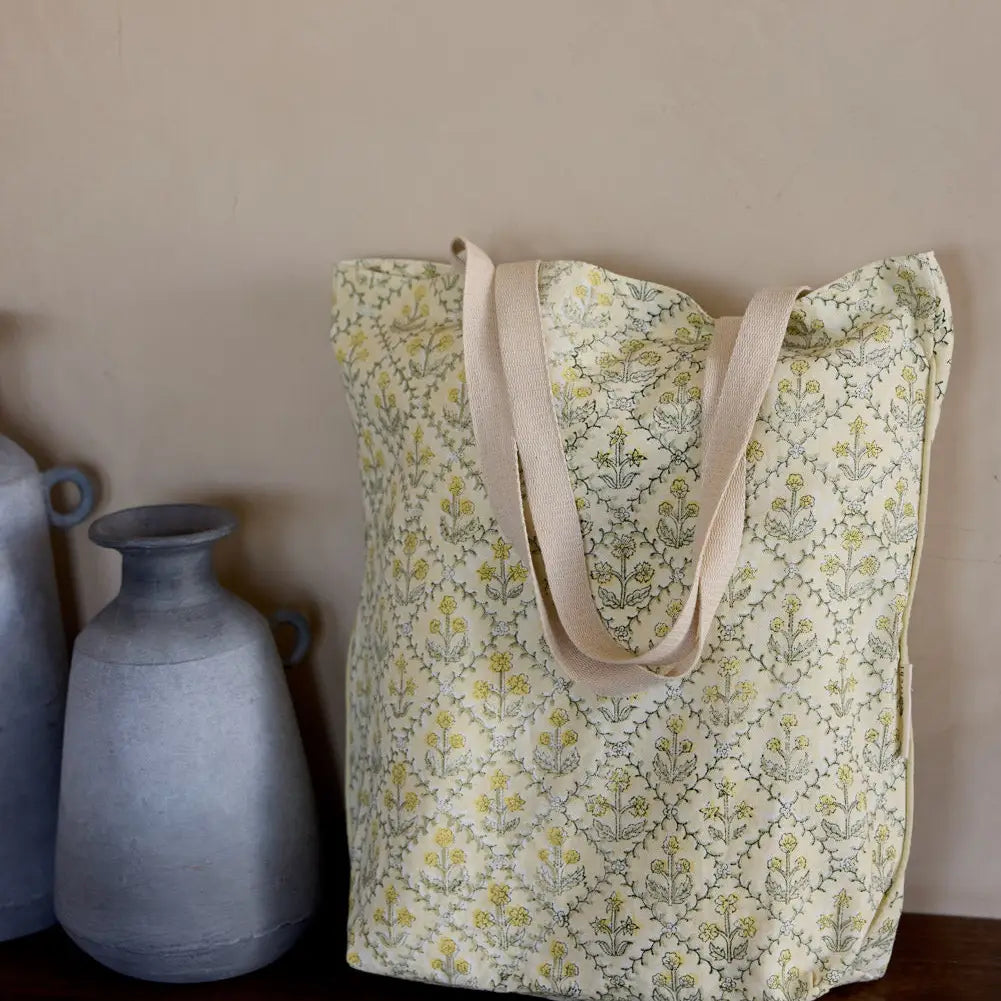 Organic Cotton Tote Bag - Floral Lattice Buttercream