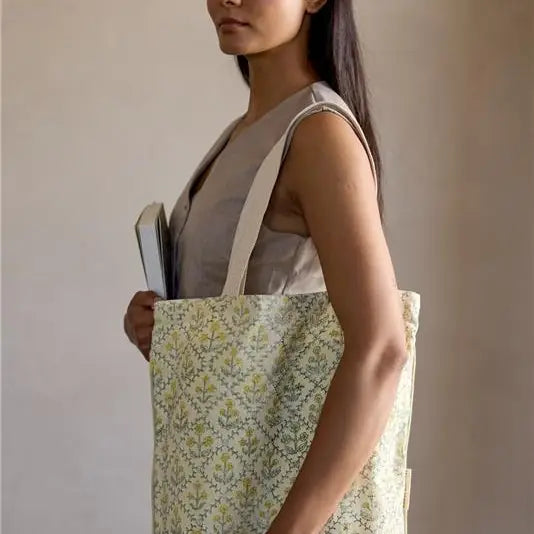 Organic Cotton Tote Bag - Floral Lattice Buttercream