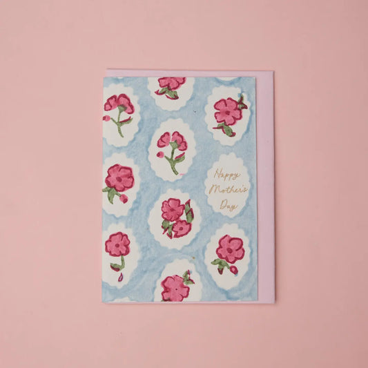 Hand Block Printed Greeting Card | Mother's Day Pink Floral