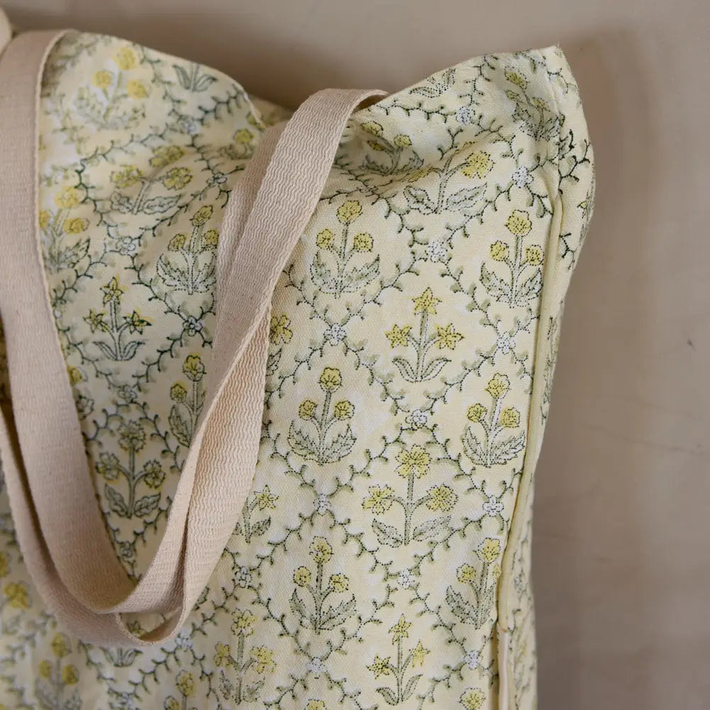 Organic Cotton Tote Bag - Floral Lattice Buttercream