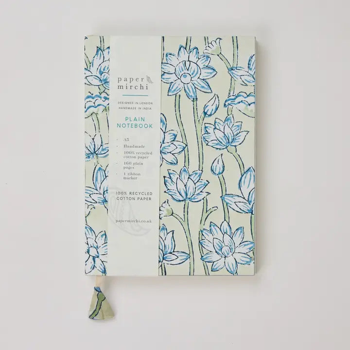 Block Printed Ruled Notebook (A5) - Lotus Indigo