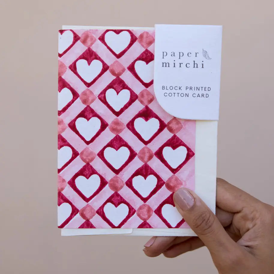 Hand Block Printed Greeting Card | Red Checks Heart