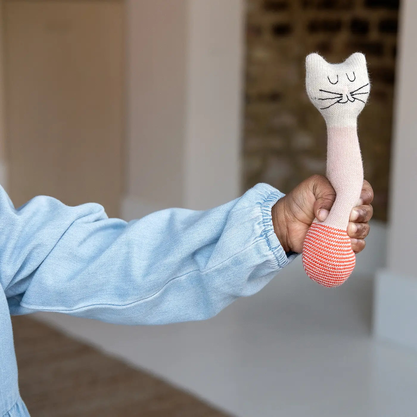 Cotton Knit Baby Rattle Toy | Cat Pink