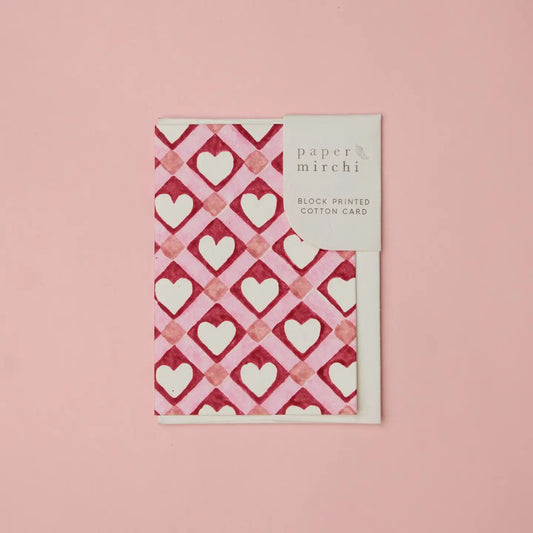 Hand Block Printed Greeting Card | Red Checks Heart