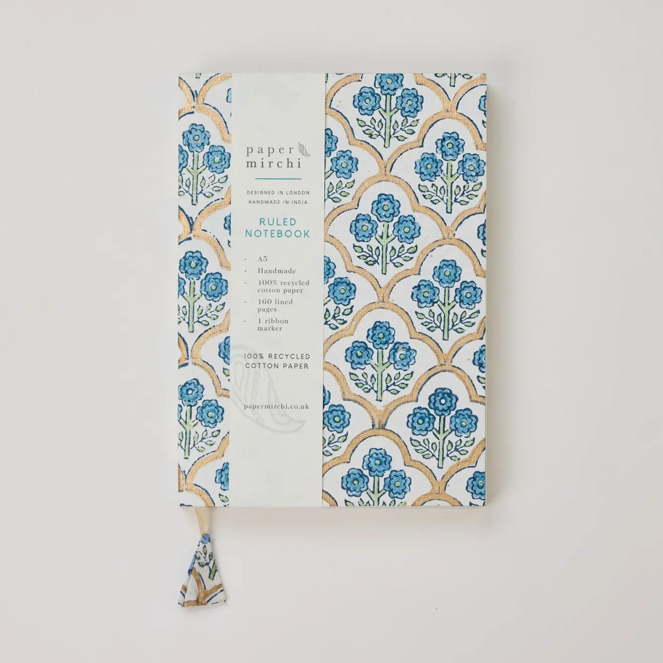 Block Printed Ruled Notebook (A5) - Trellis Indigo
