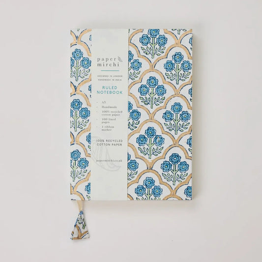 Block Printed Ruled Notebook (A5) - Trellis Indigo