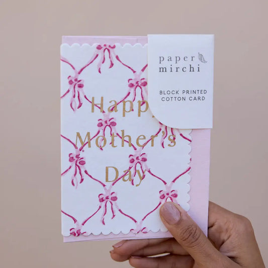 Hand Block Printed Greeting Card | Mother's Day Pink Bows