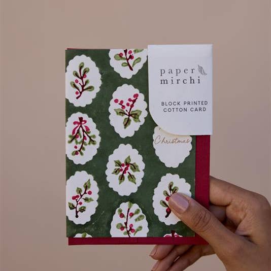 Block Printed Greeting Card - Scallop Tiles Holly Green