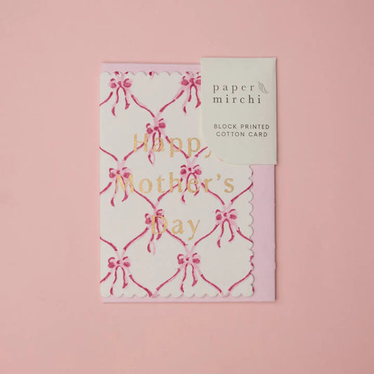 Hand Block Printed Greeting Card | Mother's Day Pink Bows