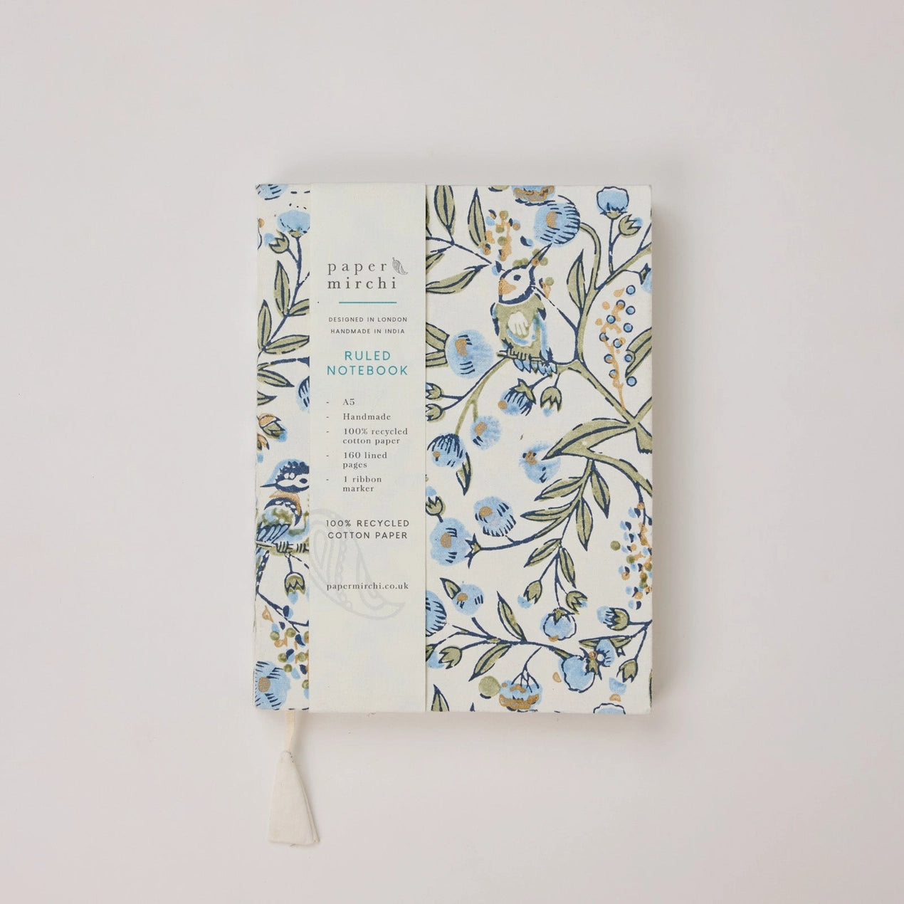 Block Printed Ruled Notebook (A5) - Song Birds Blue Stone