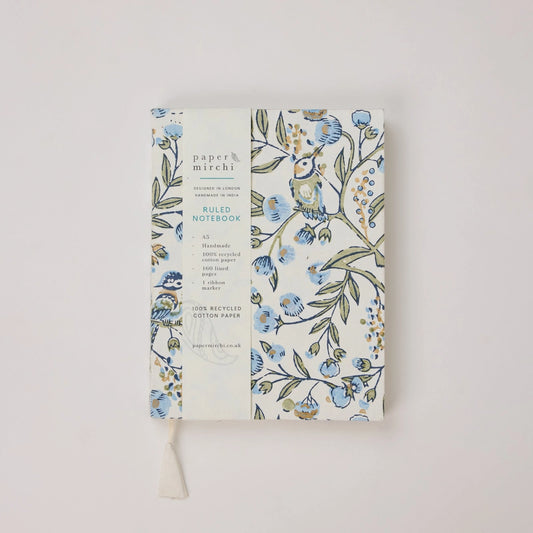 Block Printed Ruled Notebook (A5) - Song Birds Blue Stone