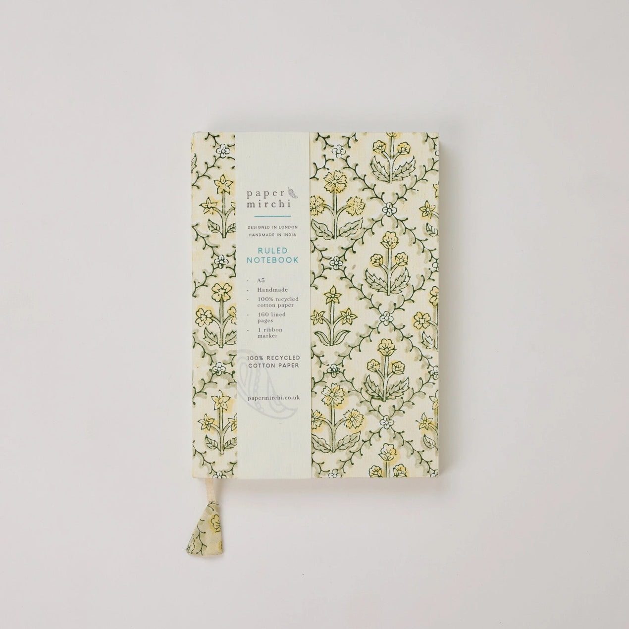 Block Printed Ruled Notebook (A5) - Floral Lattice Buttercream