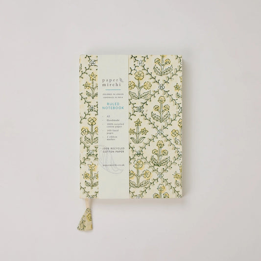 Block Printed Ruled Notebook (A5) - Floral Lattice Buttercream