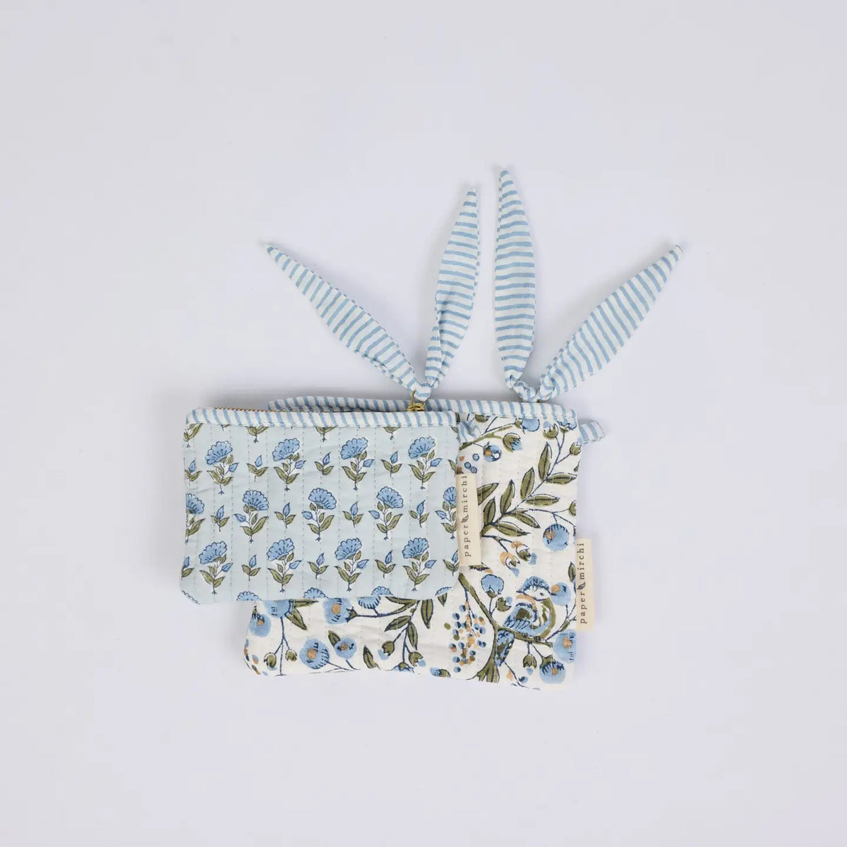 Organic Cotton Zipped Pouch Set 2pk - Floral Blue Stone