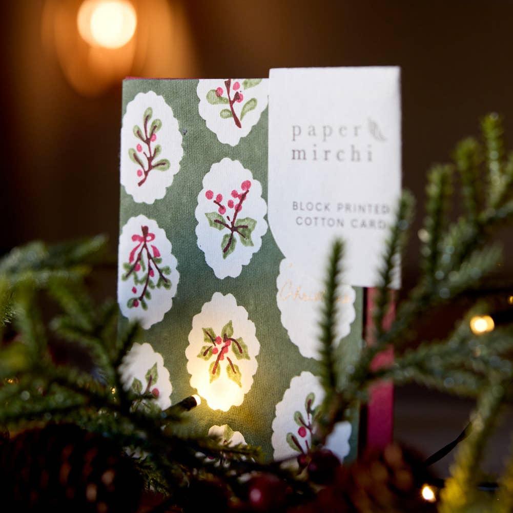 Block Printed Greeting Card - Scallop Tiles Holly Green