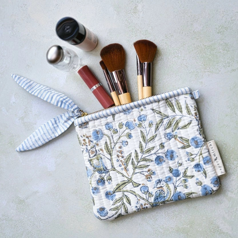 Organic Cotton Zipped Pouch Set 2pk - Floral Blue Stone